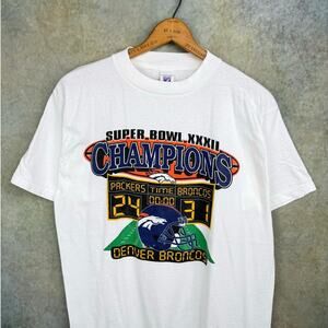 VTG 1998 Denver Broncos Super Bowl XXXII Champs T Shirt Sz L White Logo7 NFL